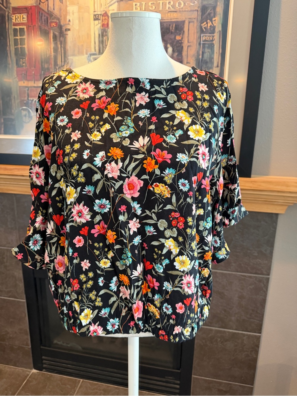 LOFT Black Floral Short Sleeve Blouse